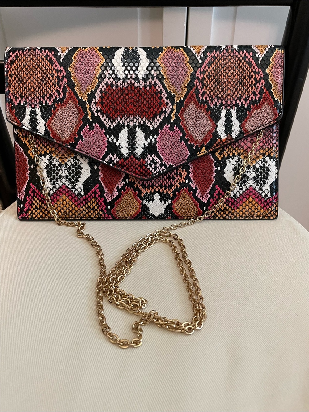 Snake-Print Envelope Crossbody Clutch in Pink Multi